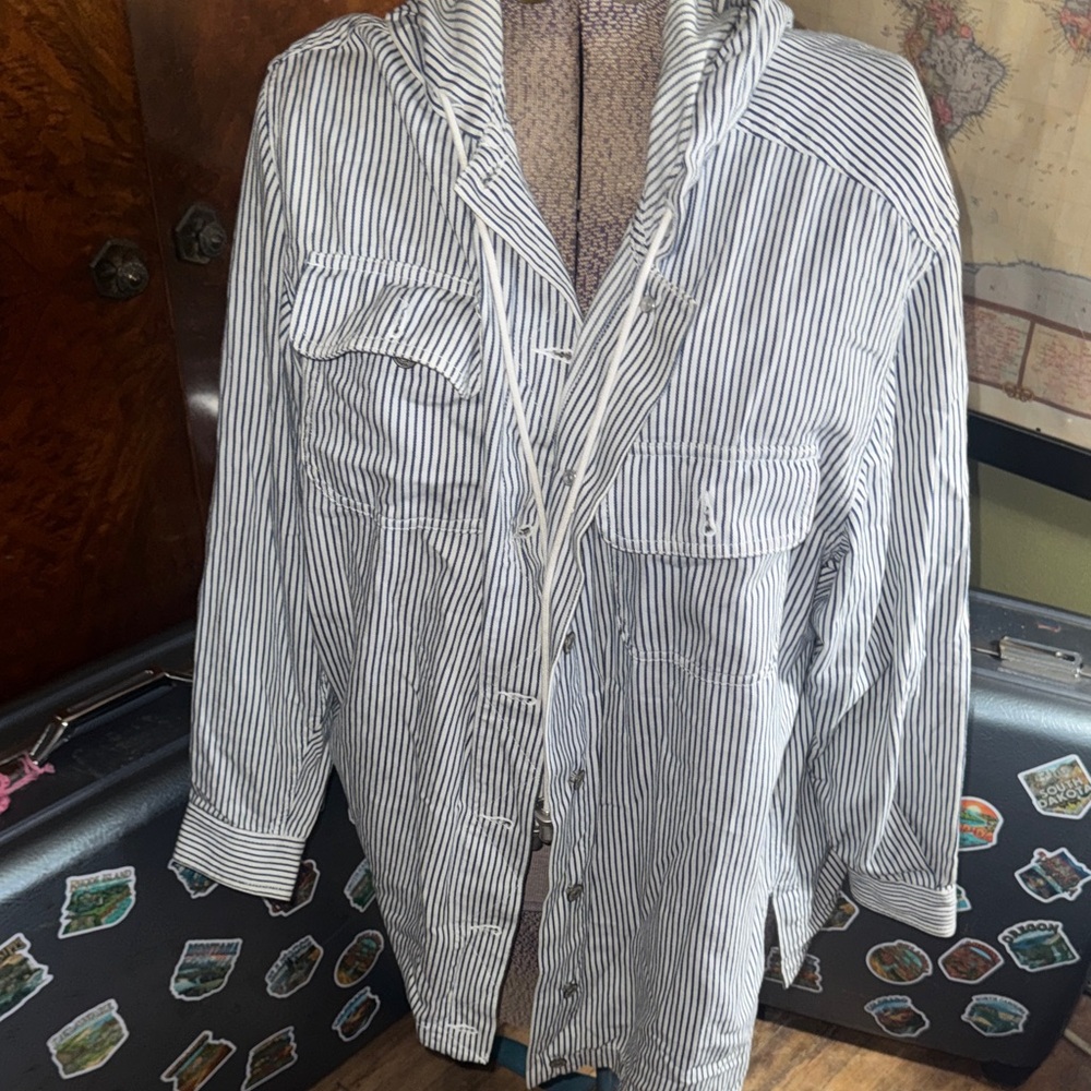 Coastal Cool: Marsh Landing Blues Striped Hooded Jacket - Size L,